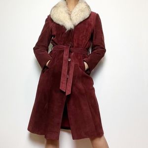 Vintage 70s Genuine Suede Trench Coat With Fox Fur Collar
